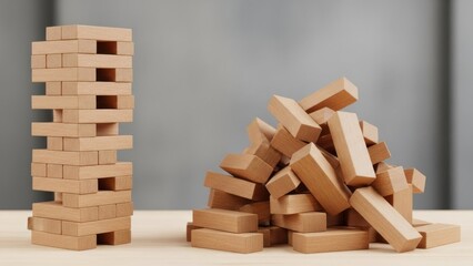 Wooden blocks tower and scattered pieces on a table.