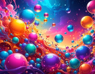 Whimsical scene with floating, colorful, glossy orbs against a vibrant sky