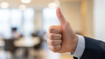 Businessmans hand giving a thumbs up gesture of approval in office.
