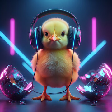 Easter chick dj with headphones in neon club, electronic music and techno party concept