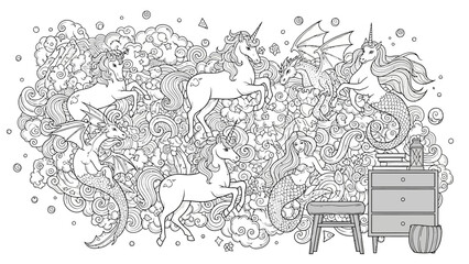 Whimsical unicorns and mermaids in fantasy scene with furniture