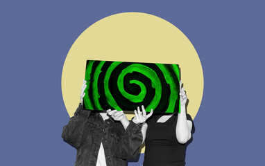 Collage art with a two women holding board with a hypnotic spiral	