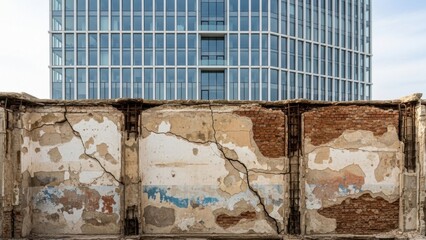 Weathered wall with building background, urban decay scene.