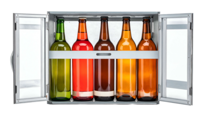 Glass bottles of varying colors inside a metal cooler with the doors open
