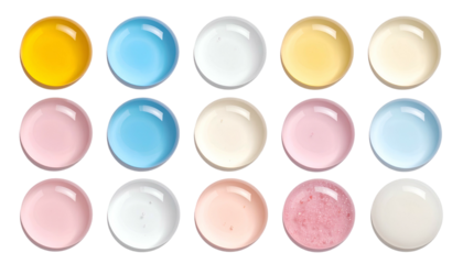 A close-up shot showing fifteen colorful, round, gel-like droplets in varying hues