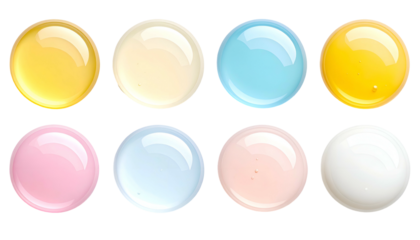 Eight glossy, colorful circular blobs arranged in two rows, with varying hues and highlights
