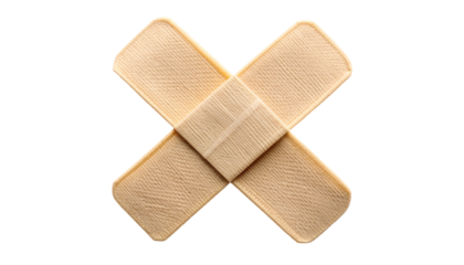 Two overlapping adhesive bandages, beige with textured pads, on a deep black background
