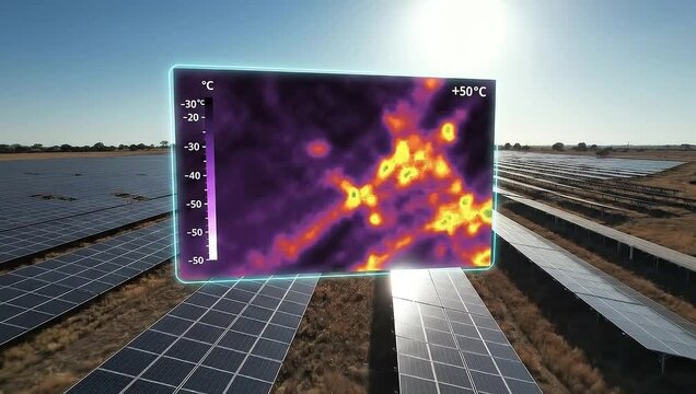Thermal imaging of solar panels at a large solar farm, showing hot spots and potential issues.