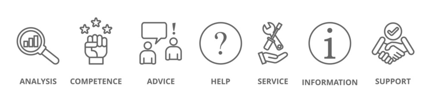 Help desk icon set vector illustration concept relate to analysis, competence, advice, help, service, information and support