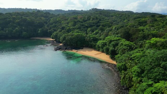 Aerial circular view from Margarida beach at Prince Island,Sao Tome,Africa