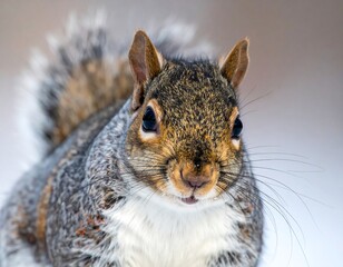 Close-up portrait of a gray squirrel with a fluffy tail against a blurred, snowy background