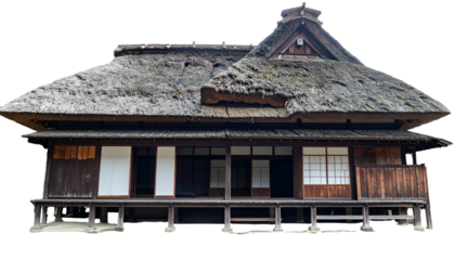 Traditional Japanese home with thatched roof and wooden supports