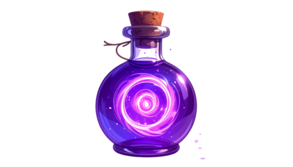 Cartoon illustration of a round, purple potion bottle with a swirling, magical core