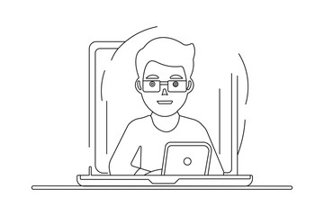 Simple outline character waving hand in online conference on laptop