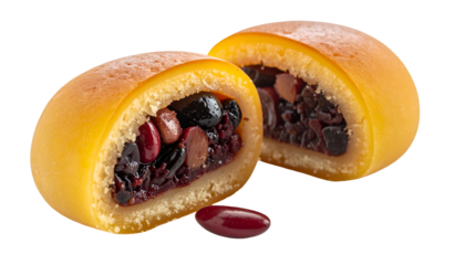 A halved golden-yellow pastry reveals a vibrant interior of assorted colorful beans