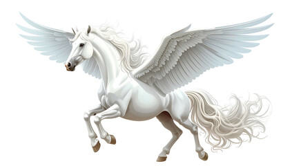 A majestic, pure white, winged horse, mid-flight, against a transparent background