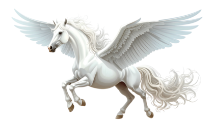 A majestic, pure white, winged horse, mid-flight, against a transparent background