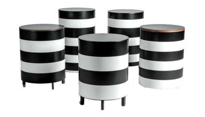 Five cylindrical, striped objects on a black background; contrasting bands and reflective tops
