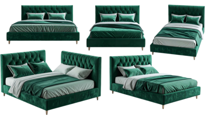 Multiple views of a luxurious emerald green bed with tufted headboard and plush bedding