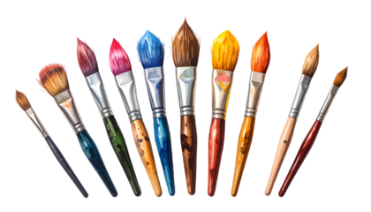 Watercolor illustration of a collection of paint brushes with colorful bristles