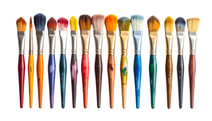 Array of colorful paintbrushes, bristles splayed, arranged in a row