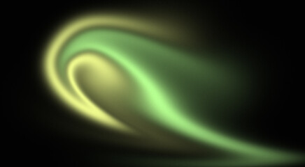 Abstract background with a vibrant flowing wave of glowing green and yellow neon light. Modern futuristic design featuring smooth lime gradients and energy trails on a deep black background.