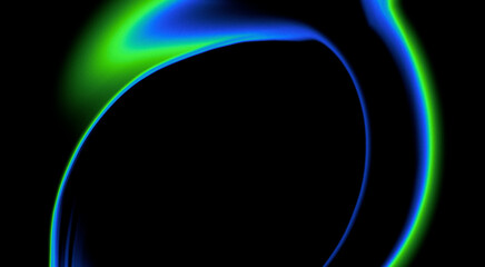 Abstract background featuring a sleek, circular wave of glowing blue and green neon light. Minimalist futuristic design with a smooth indigo gradient and large black copy space for text.