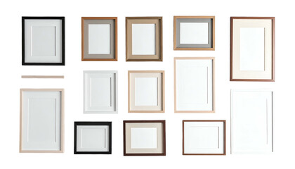 Several blank rectangular picture frames of various sizes, mounted in a cluster