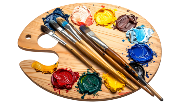 A wooden artist's palette with various paint colors and brushes - Powered by Adobe