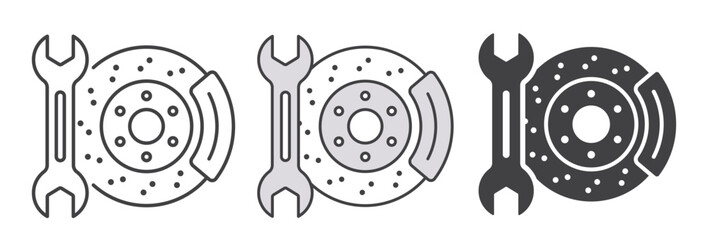 Brake repair icons. A collection of outline and solid illustrations.