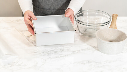 Square Baking Pan with Mixing Bowls on Counter