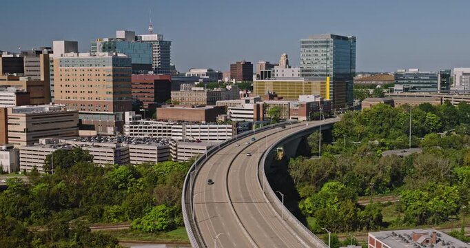 Richmond Virginia Aerial v95 low tracking flyover Upper Shockoe Valley capturing views of downtown cityscape across Biotech and MCV and Capitol District - Shot with Inspire 3 8k - Sept 30th 2023