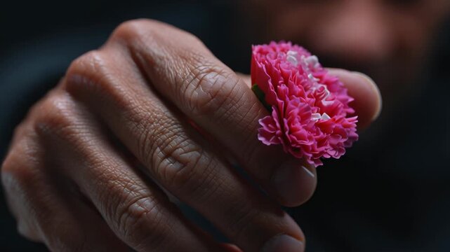 Close-up shots show a man crushing a pink flower with his hand. The petals break apart under pressure. Viewers can see the texture and color details of the flower and hand