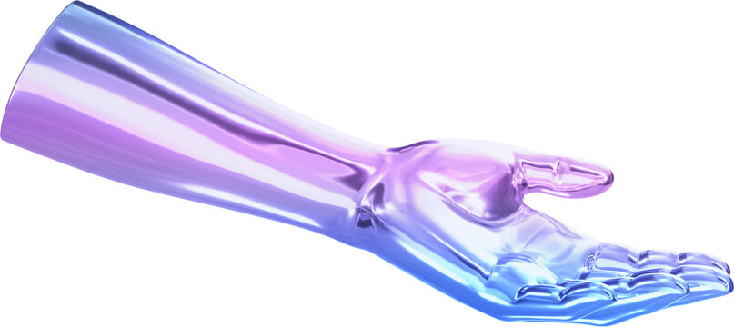 3D Futuristic Hand Open Palm Reaching Horizontal, Iridescent Holographic Texture for Support and Technology Concept