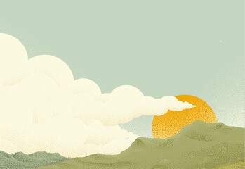 Naklejka premium Sun and clouds sky over a mountain range. Original illustration of the sun rising with clouds in the sky in a vintage dots pointillism retro style