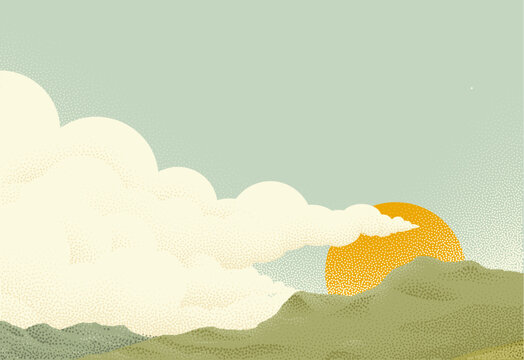 Sun and clouds sky over a mountain range. Original illustration of the sun rising with clouds in the sky in a vintage dots pointillism retro style