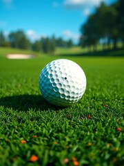 Obraz premium White golf ball with black dot on green field, golf simulator background, technology, close-up
