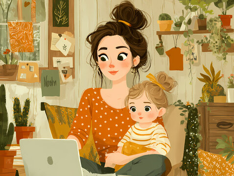 Illustration plate de nomade digital repr&eacute;sentant une femme diverse &eacute;quilibrant travail et bien &ecirc;tre dans la nature, travail &agrave; domicile, t&eacute;l&eacute;travail