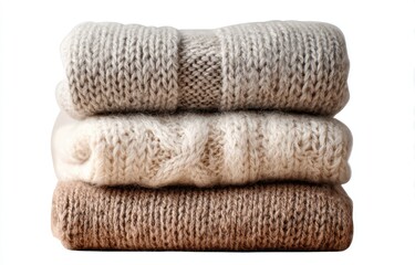 Stacked folded knit sweaters in cream, beige, and brown
