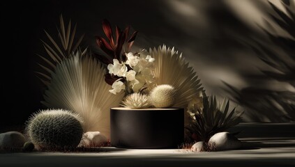 Still life with floral & cactus arrangement, dark, moody