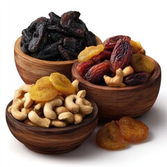 Dried fruits and cashews stacked in three wooden bowls