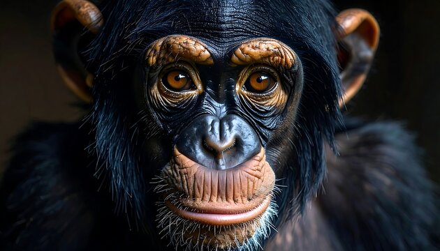 A close-up portrait of a primate with a somber expression