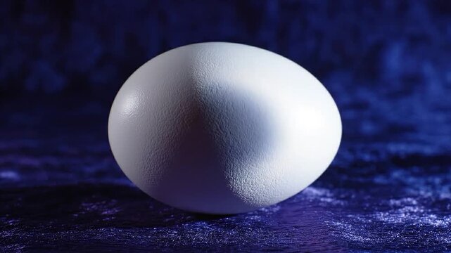 Single white egg illuminated by dramatic light on a textured dark blue surface for life and potential concept with a surreal vibe