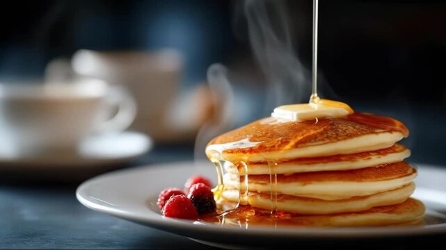 Close up of honey pouring on hot pancake stack with berries and butter, breakfast meal preparation footage