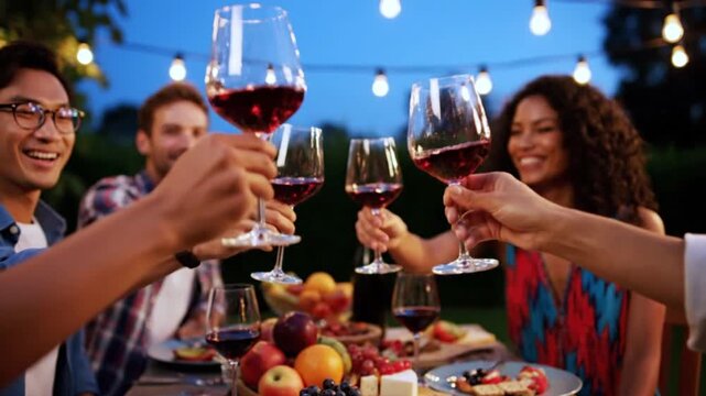 Diverse friends toasting wine glasses at outdoor evening dinner party