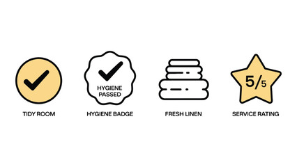 A graphic illustration of hotel room amenities and service ratings