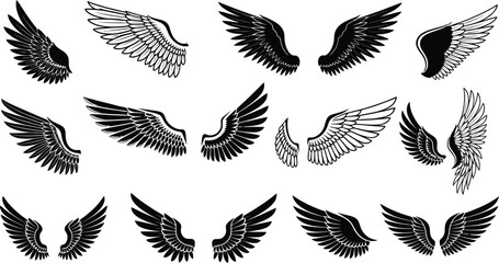 Set of twelve black stylized wings, symmetrical feather patterns, artistic illustration, fantasy design, tattoo art, angel wings, decorative vector, mythical bird, silhouette © CreatAr8