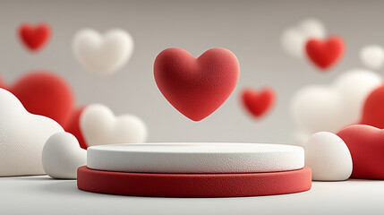 3D Heart Podium Showcase With Floating Hearts in Red and White Colors Romantic Valentine's Day Love Background for Product Display Branding Advertising Presentation Mockup and Web Design