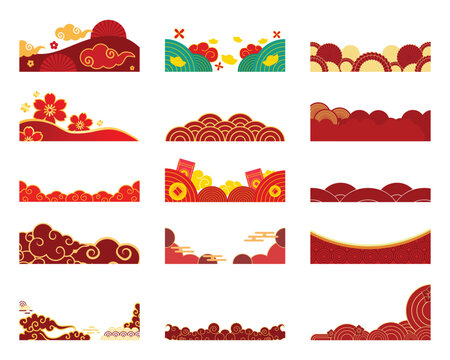 Oriental red divider banner set. Vector traditional cloud and floral border strips for Chinese New Year page decoration