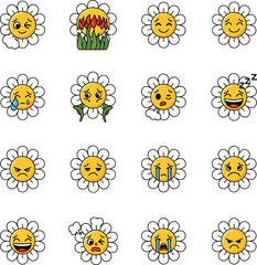 Fototapeta premium A delightful collection of cartoon daisy flower emoticons, each depicting a unique facial expression from joyful smiles to sleepy winks, illustrating a wide range of moods and feelings